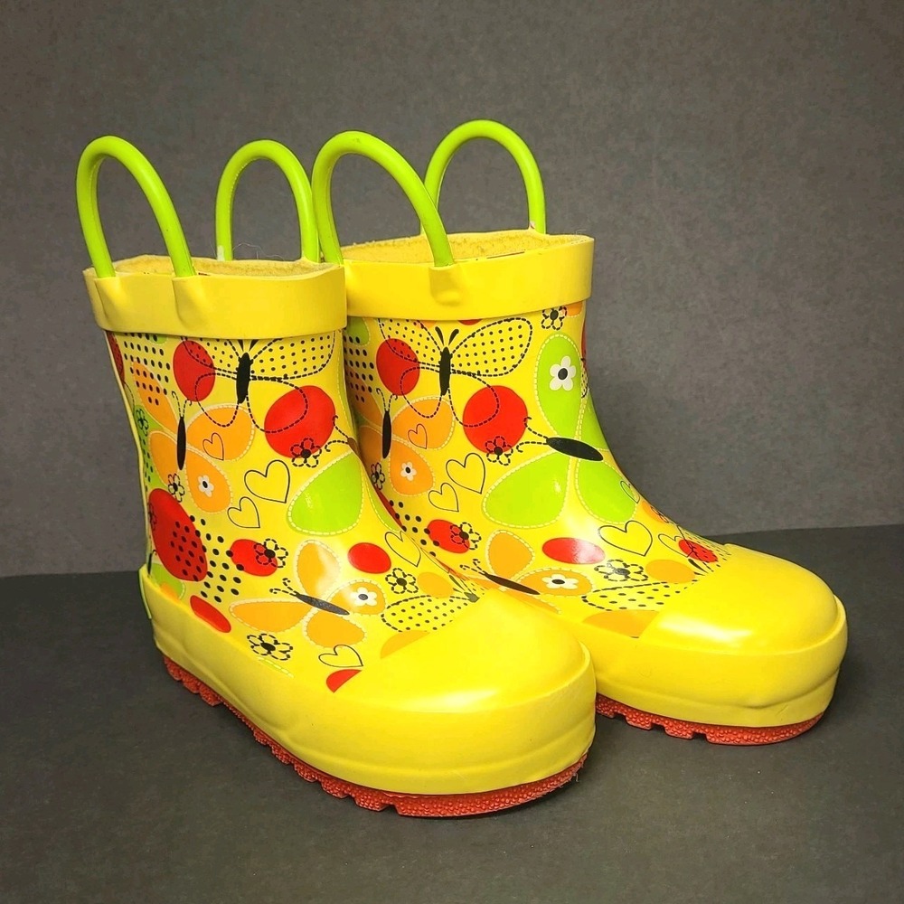 Western Chief Yellow Rain Boots Rubber Girls 6 Handles Butterfly Garden Shoes